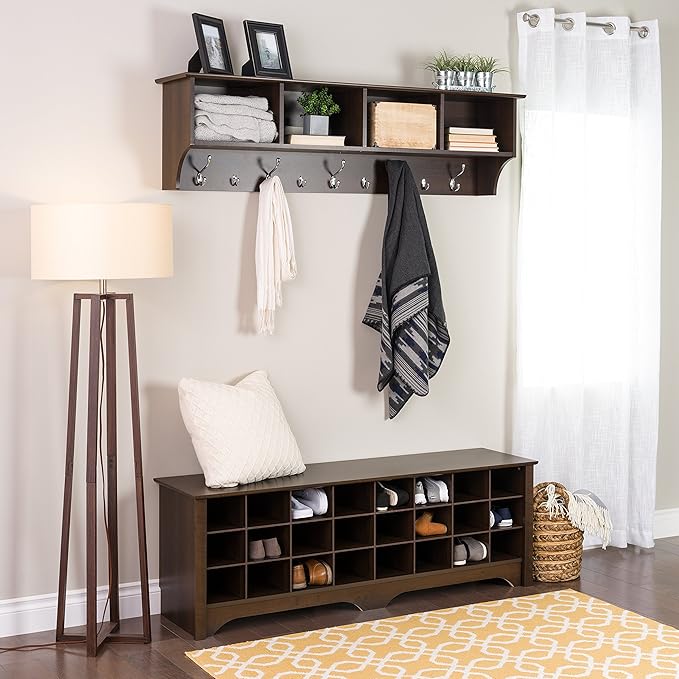 Prepac 60" Contemporary Wall Mounted Coat Rack, Coat Hooks Wall Mount with 4 Shelves, Ideal for Hallway or Entryway Hanging Solution, 11.5"D x 60"W x 16.5"H, Espresso