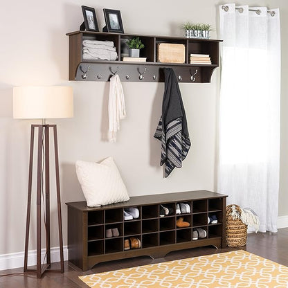 Prepac 60" Contemporary Wall Mounted Coat Rack, Coat Hooks Wall Mount with 4 Shelves, Ideal for Hallway or Entryway Hanging Solution, 11.5"D x 60"W x 16.5"H, Espresso