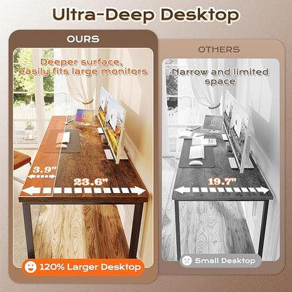 Huuger 63 x 24 inch Desk with Power Outlets & USB-C, Deeper & Thicker Desktop, Robust Metal Tubes, Computer Desk, Heavy Duty Office Desk, Work Gaming Desk, for Home Office, Rustic Brown