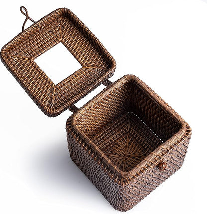 Rattan Square Tissue Box Cover- 5.7" x 5.7" x 5"-Decorative Woven Facial Tissue Holder with Hinged Top Lid- Facial Box for Home, Office,Bathrooms, Decoration (Coffee)