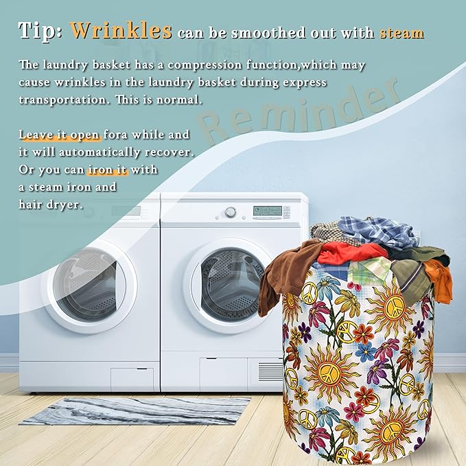 Colorful Hippie Peace Flowers Laundry Basket Foldable With Handles Tote Bag Oxford Cloth Funny Laundry Hamper Clothes Storage Bucket Toy Organizer For Bathroom/Laundry/Bedroom 18.9"x16.5 "