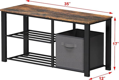 Simple Houseware 2 Tier Shoes Bench with Wood Top and Storage Bins, Rustic Brown