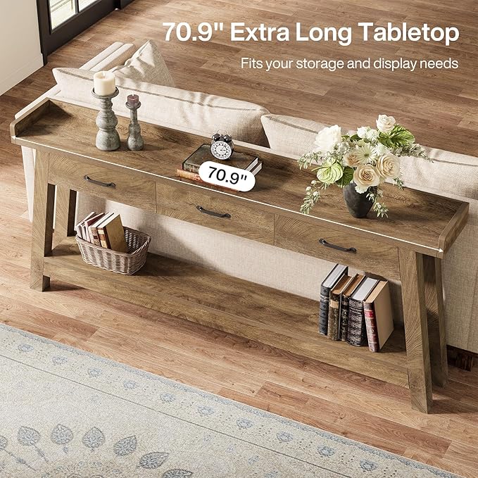 Tribesigns 70.9-Inch Sofa Table with 3 Drawers, 2-Tier Extra Long Farmhouse Console Table with Raised Baffle and Storage Shelves for Living Room, Hallway, Entryway, Entrance, Rustic Brown