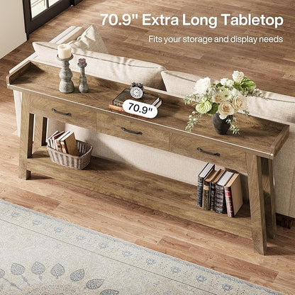 Tribesigns 70.9-Inch Sofa Table with 3 Drawers, 2-Tier Extra Long Farmhouse Console Table with Raised Baffle and Storage Shelves for Living Room, Hallway, Entryway, Entrance, Rustic Brown