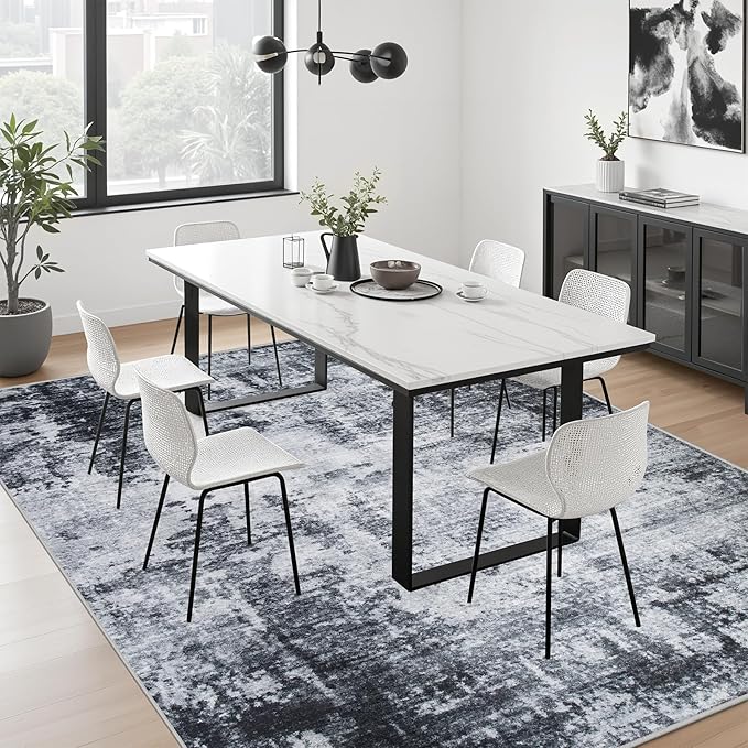 6x6 Area Rug Living Room Rug: Washable Modern Abstract Soft Thin Rug Indoor Floor No Slip Stain Resistant Carpet for Bedroom Dining Room Farmhouse Nursery Home Office - Dark Black