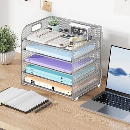 5 Tier Paper Organizer with Handle, Silver Metal Mesh Desk Organizer File Folder Paper Letter Tray Desktop Document Sorter for Classroom, School, Office Accessories Organization and Storage