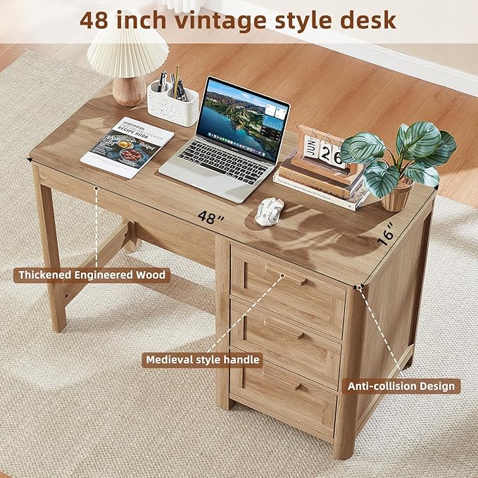 48'' Farmhouse Executive Desk with Storage, Wooden Home Office Desk with Drawer and Vintage Handle, Large Computer Writing Desk for Study, Bedroom, Living Room （Natural）