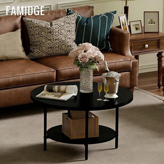 FAMIDGE Coffee Table, 27.6“ Circle Coffee Tables for Living Room, 2 Tier Round Coffee Table with Storage, Wood Accent Center Floor Table for Bedroom, Industrial Home Office, Black (27.6" D x 17.7" H)