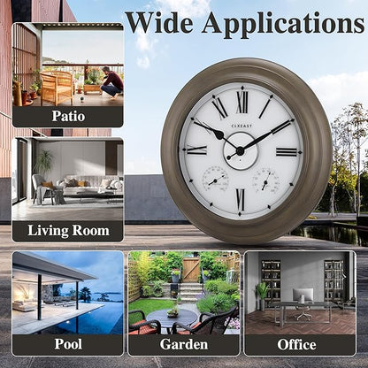 CLXEAST Illuminated Outdoor Clocks Waterproof 24 Inch with Smart Sensor, Large Metal Wall Clocks with Temperature and Humidity for Living Room Decor,Garden Patio,Grey Oak/Faux Barnwood Finish
