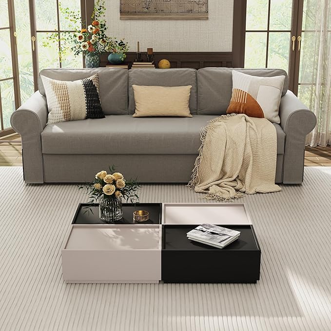 Coffee Table with Storage,Modern Center Table with 4 Hidden Drawers for Living Room,Rectangle Coffee Table for Home Furniture,Bedroom,Black and Beige Gray