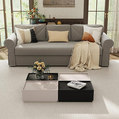 Coffee Table with Storage,Modern Center Table with 4 Hidden Drawers for Living Room,Rectangle Coffee Table for Home Furniture,Bedroom,Black and Beige Gray
