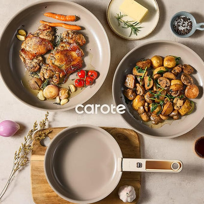 CAROTE 4pcs Ceramic Frying Pans Titanium Non Stick, 8"+10"+12” Frying Pan Egg Pan Omelet Pans with Detachable Handle, Nonstick Cookware, PFOA Free, Induction Compatible & Oven Safe, Dishwasher Safe