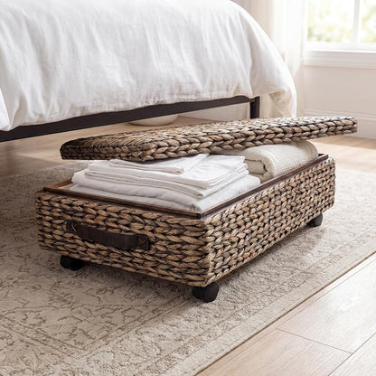 happimess BSK1006B 26.38" Chett Minimalist Hand-Woven Hyacinth/Wood Underbed Storage Bin with Wheels and Handles for Storage and Decoration in Bathroom, Bedroom,Closet,Entryway, Guest Room, Brown Wash