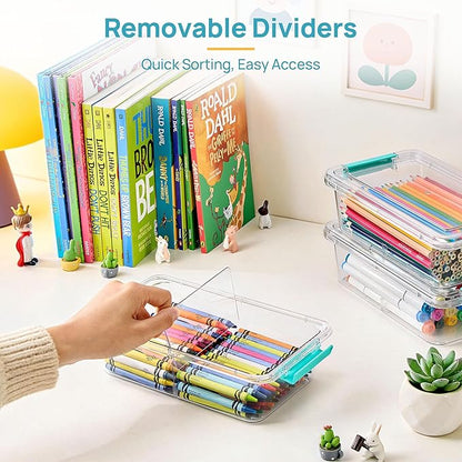 Vtopmart 12 Pack Clear Pencil Box, Plastic Pencil Holder with Removable Divider for Pen Organizer, Stackable Containers with Lid for Pen, Art Craft, Sticker, Scrapbook & Office Supplies