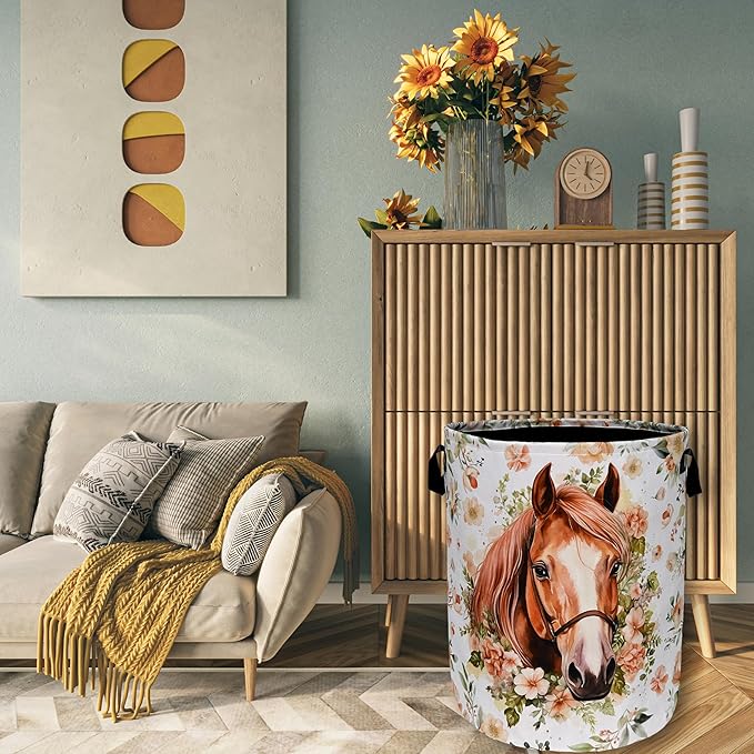 Watercolor Horse Laundry Basket Foldable With Handles Cute Animal Floral Tote Bag Oxford Cloth Colorful Laundry Hamper Clothes Toy Storage Bucket For Bathroom/Laundry/Bedroom 18.9" x 16.5 "