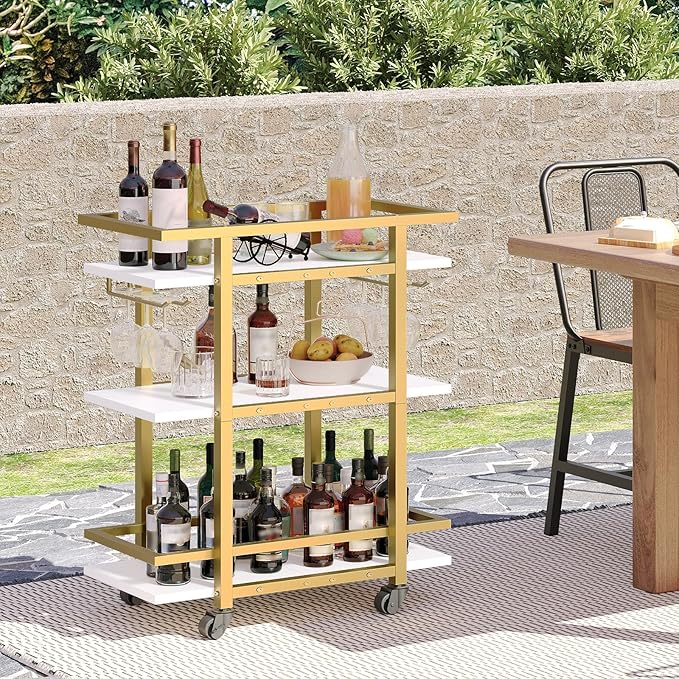 3 Tier Bar Cart, Home Bart Serving Cart with Glass Holders, Rolling Beverage Cart, Mobile Kitchen Shelf, for Home, Garden, Party, Gold BC19DW