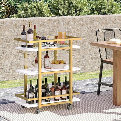 3 Tier Bar Cart, Home Bart Serving Cart with Glass Holders, Rolling Beverage Cart, Mobile Kitchen Shelf, for Home, Garden, Party, Gold BC19DW