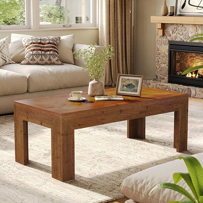 Rectangular Coffee Table, 47-Inch Solid Wood Living Room Coffee Table, Mid Century Modern Center Cocktail Table for Living Room, Apartment, Office, Antique Brown