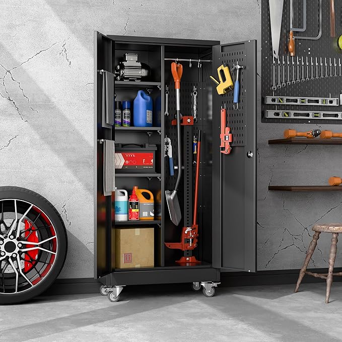 Metal Broom Closet Storage Cabinet, Garage Storage Cabinet with Wheels, 5 Pegboard, Hanging Rod and 13 Hooks for Garage Home, Black, Assembly Required, 61.7" H x 27.6" W x 13.8" D