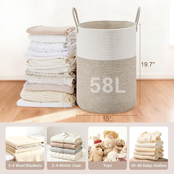 SunNewt Tall Laundry Basket with Handles, 58L Portable Dirty Clothes Hamper, Boho Cotton Rope Storage Bin for Blankets Kids Toys Gifts, Decorative Organizer for Baby Nursery Bedroom Bathroom, Brown