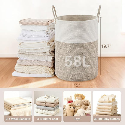 SunNewt Tall Laundry Basket with Handles, 58L Portable Dirty Clothes Hamper, Boho Cotton Rope Storage Bin for Blankets Kids Toys Gifts, Decorative Organizer for Baby Nursery Bedroom Bathroom, Brown