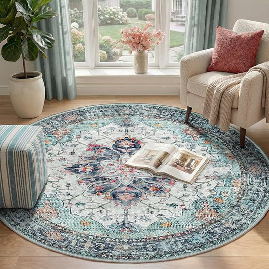 RELEANY Area Rugs Round 4ft Washable Non-Slip, Floral Vintage Distress Medallion Carpet for Living Room Bedroom Dining Room, Green Navy Blue White Red Teal