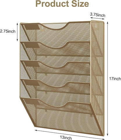 EasyPAG Wall File Organizer 5 Tier Hanging Paper Folder Holder, Zero Assembly Metal Mesh Wall Mounted Mail Organizer for Office Home Classroom Narrow Spaces, Gold