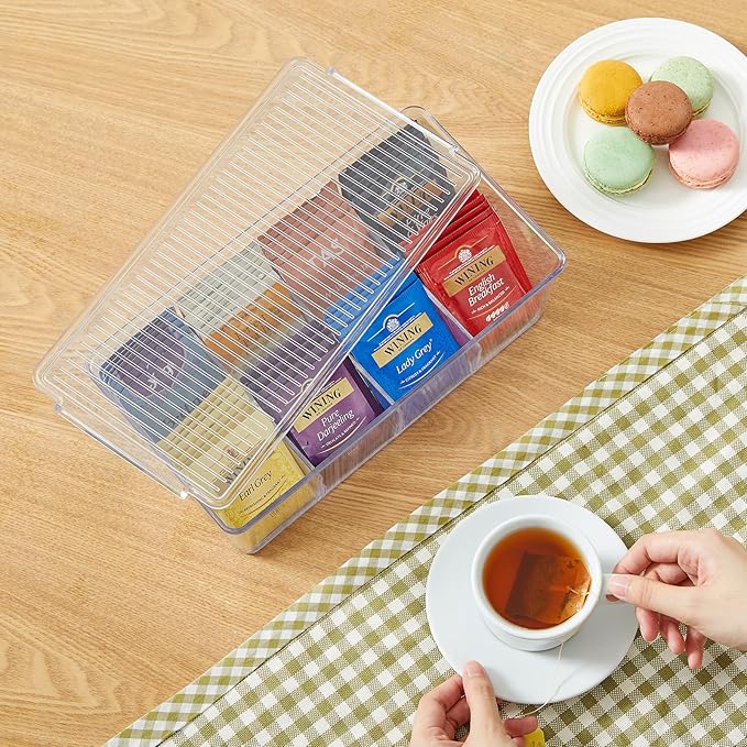 Lifewit Tea Bag Organizer with lids, Plastic Teabag Box with 16 Compartments, Stackable Divided Storage Containers for Cabinet, Pantry, Countertop, Sugar Packets, Clear, 29 cm/11.5 inch L, 2 Pack