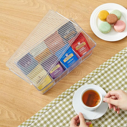 Lifewit Tea Bag Organizer with lids, Plastic Teabag Box with 16 Compartments, Stackable Divided Storage Containers for Cabinet, Pantry, Countertop, Sugar Packets, Clear, 29 cm/11.5 inch L, 2 Pack