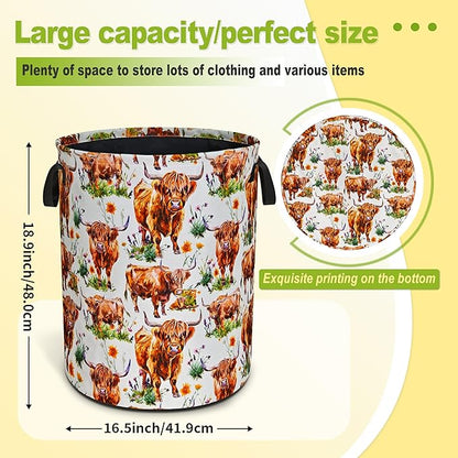 Highland Cow Laundry Basket Funny Cattle Foldable Waterproof Oxford Cloth Tote Bag Laundry Hamper Round Large Clothes Storage Bucket Toy Organizer For Bathroom/Laundry Storage/Bedroom 18.9x16.5 Inch