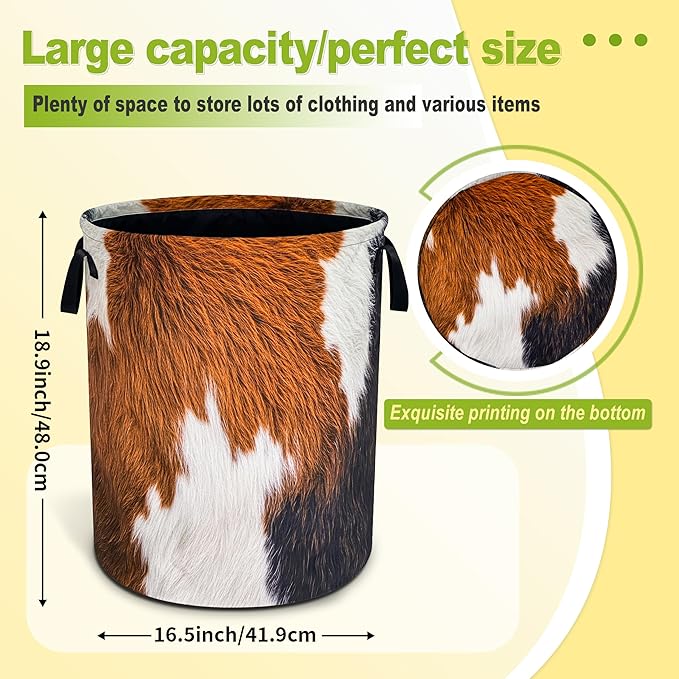 Brown Cow Print Laundry Basket Funny Skin Hair Foldable Waterproof Oxford Cloth Tote Bag Laundry Hamper Large Clothes Storage Bucket Toy Organizer For Bathroom/Laundry Storage/Bedroom 18.9x16.5 Inch