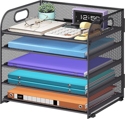 5 Tier Paper Organizer with Handle, Grey Metal Mesh Desk Organizer File Folder Paper Letter Tray Desktop Document Sorter for Classroom, School, Office Accessories Organization and Storage