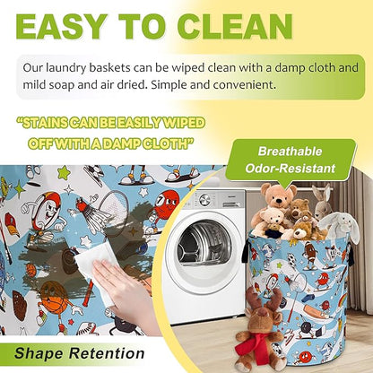 Ball Sports Laundry Basket Funny Balls Game Foldable Waterproof Oxford Cloth Tote Bag Laundry Hamper Round Large Clothes Storage Bucket Toy Organizer For Bathroom/Laundry Storage/Bedroom 18.9x16.5 In