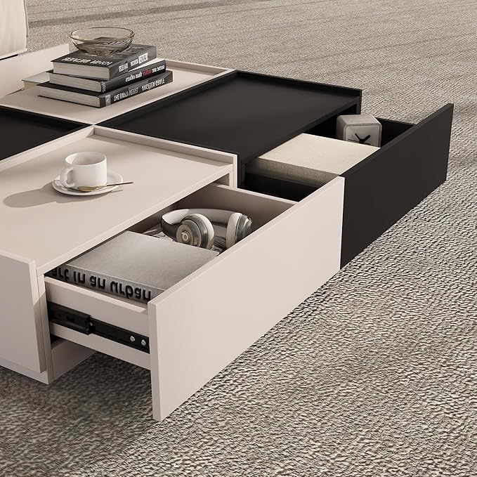 Coffee Table with Storage,Modern Center Table with 4 Hidden Drawers for Living Room,Rectangle Coffee Table for Home Furniture,Bedroom,Black and Beige Gray