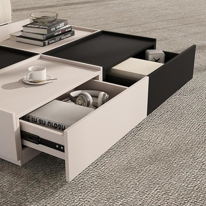 Coffee Table with Storage,Modern Center Table with 4 Hidden Drawers for Living Room,Rectangle Coffee Table for Home Furniture,Bedroom,Black and Beige Gray