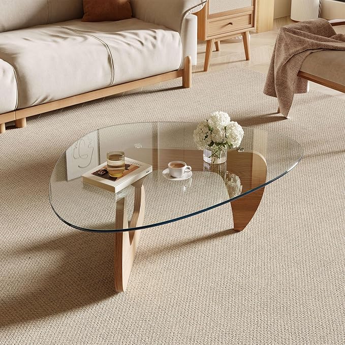 Modern Coffee Table for Living Room and Small Spaces, 43.3" x 29.5" x 15.8" Triangle Tempered Glass Table Top and Eco-Friendly Solid Wood Base, Natural Wood
