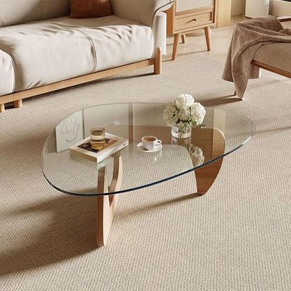 Modern Coffee Table for Living Room and Small Spaces, 43.3" x 29.5" x 15.8" Triangle Tempered Glass Table Top and Eco-Friendly Solid Wood Base, Natural Wood