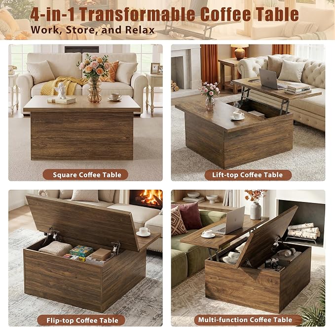 HUAHUU 31.5" Lift Top Coffee Table, 4 in 1 Square Coffee Table with Storage, Center Table with Lifting Top & Large Hidden Storage Compartment for Living Room, Home Office, Walnut