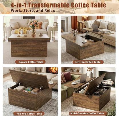 HUAHUU 31.5" Lift Top Coffee Table, 4 in 1 Square Coffee Table with Storage, Center Table with Lifting Top & Large Hidden Storage Compartment for Living Room, Home Office, Walnut