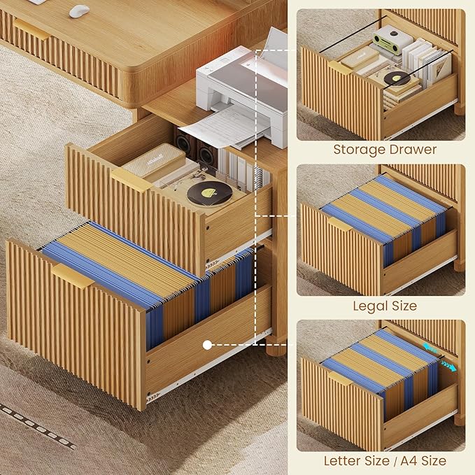 SEDETA 59" Computer Desk with 4 Storage Drawers, Fluted Wood Office Desk with File Drawer, LED Lights and Power Strip, Gaming Table Writing Desk for Home Office, Living Room, Bedroom, Oak