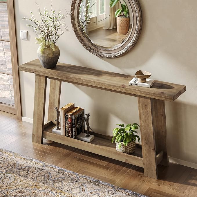 63-Inch Solid Wood Console Table, Farmhouse Entryway Table with 2-Tier Shelf, Narrow Sofa Table Behind Couch for Living Room, Hallway, Foyer