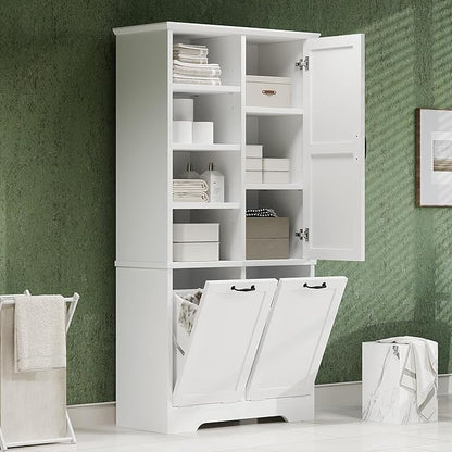 Merax Cabinet with Tilt-Out Laundry Hamper Basket, Tall Bathroom Storage Organizer Linen with Open Shelf for Home, Freestanding, White