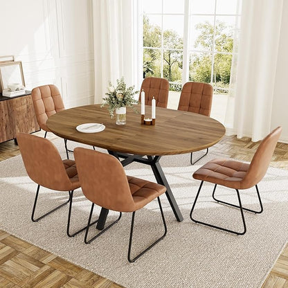 Extendable Round Dining Table Set for 6 People, 43.3"-59.1" Extendable Kitchen Table with 6 Upholstered Chairs, Space Saving for Kitchen Dining Room (Walnut Table+6 U-Shaped Brown Chairs)