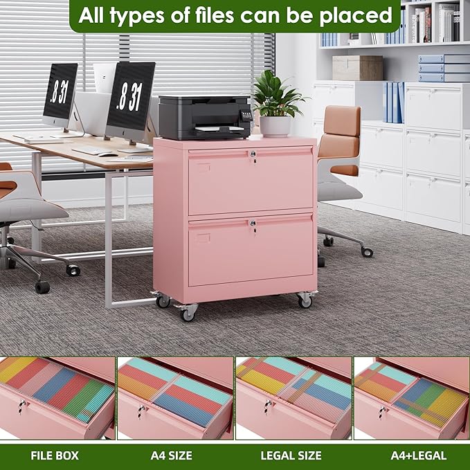 Aobabo 2 Drawer LateralFile Cabinet with Wheels, Lockable Metal Filing Cabinet for Home Office, Legal/Letter Size,Pink,Required Assembled,15.87" D x 28.94" W x 34" H