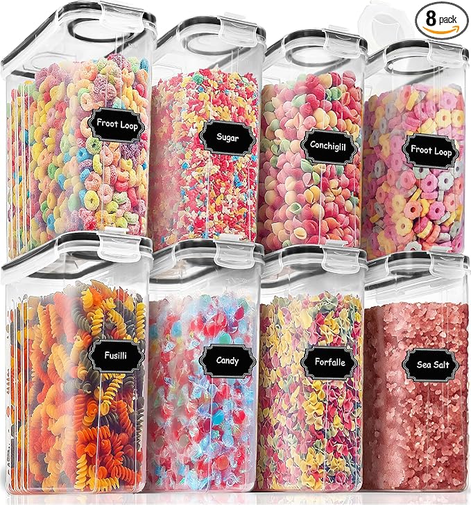 PRAKI Cereal Containers Storage Set (4L,135.2 Oz), 8PCS Airtight Food Storage Containers with Lids for Kitchen & Pantry Organizers and Storage, Cereal Dispensers with 20 labels, Measuring Cup & Marker