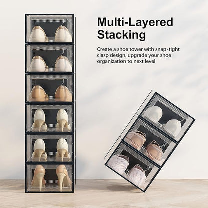 SEE SPRING 12 Pack Shoe Storage Box, Clear Plastic Stackable Shoe Organizer for Closet, Space Saving Shoe Rack for Entryway Sneaker Container Bin Holder (Black)