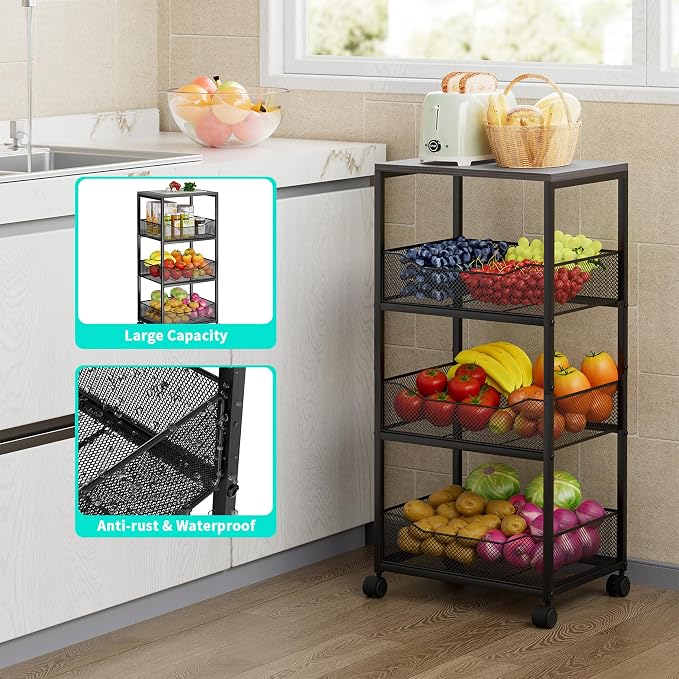 HapiRm Fruit Basket Kitchen Cart - 4-Tier Rolling Storage Cart with Wheels, Fruit Vegetable Basket with Wood Top, Pantry Utility Kitchen Organizer for Fruit Potato Onion Vegetable Bread Snack