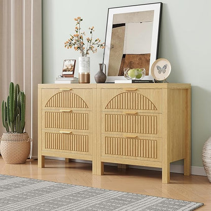 6 Drawer Dresser, Farmhouse Fluted Chest of Drawers, Wooden End Table, Mid- Century Modern Bedroom Nightstand Side Table for Bedrooms, Closets, Hallways, and Entryways, Natural X2