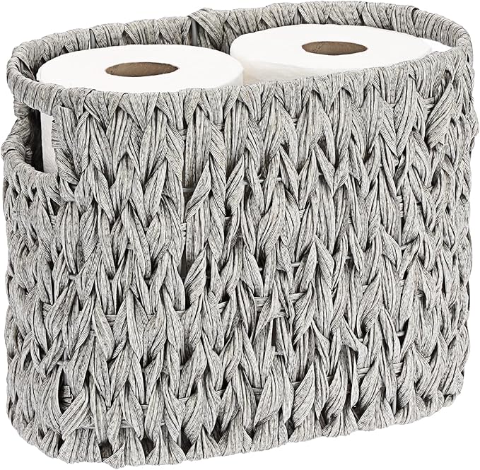 Sumnacon Toilet Paper Storage Basket Freestanding, Wicker Toilet Paper Holder Stand with Handle, Decorative Narrow Bathroom Baskets Sturdy Plastic Organizer Bin for Tissue Rolls, Toiletries, Towels