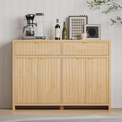 Fluted Sideboard Buffet Cabinet with Storage and Large Drawers, 55" W Credenza Storage Cabinet for Living Room or Entryway, 40'' H Farmhouse Buffet Table with Adjustable Shelves, Console Cabinet
